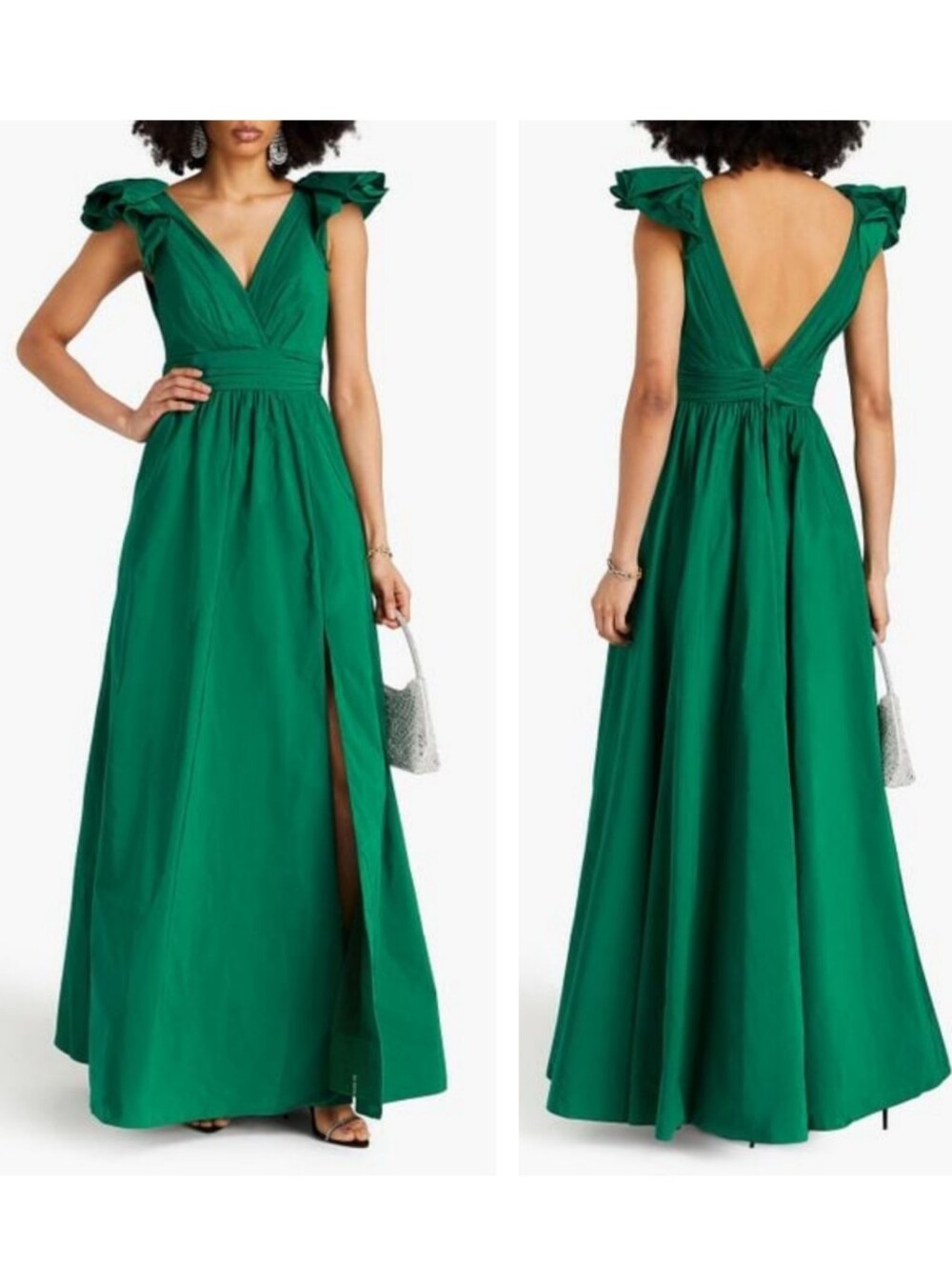 Marchesa Notte Ruffle Taffeta Empire Pleated Ball Gown Green Size 4 - Picture 2 of 9
